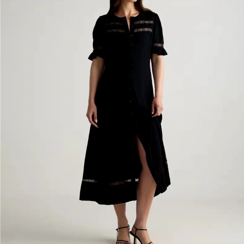 Quince Women Lightweight Crepe Lace Inset Midi Dress Black - Sz Large NWT - Picture 2 of 14